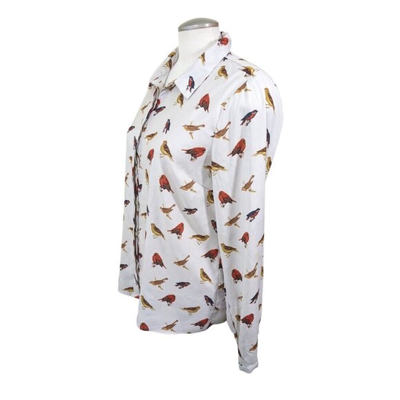 Forever 21 Womens Blouse Button Up Top Shirt Size L Cream All Over Bird Print - Picture 6 of 12